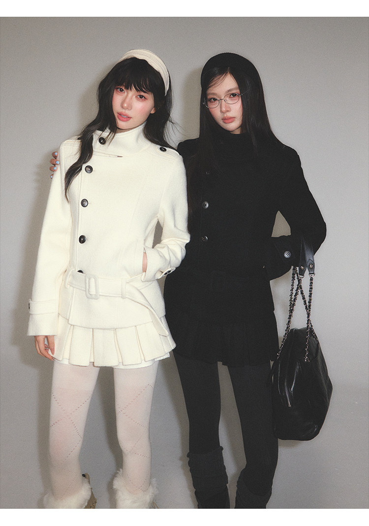 POPWEST Stand Collar Belted Coat And Skirt Set