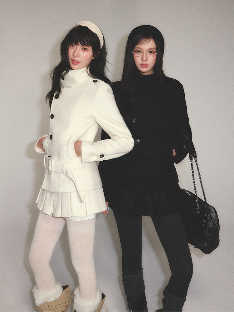 POPWEST Stand Collar Belted Coat And Skirt Set