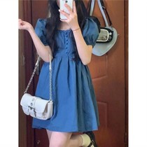 Early spring French retro chic sweet and western style age-reducing puff sleeves lace square collar blue dress female