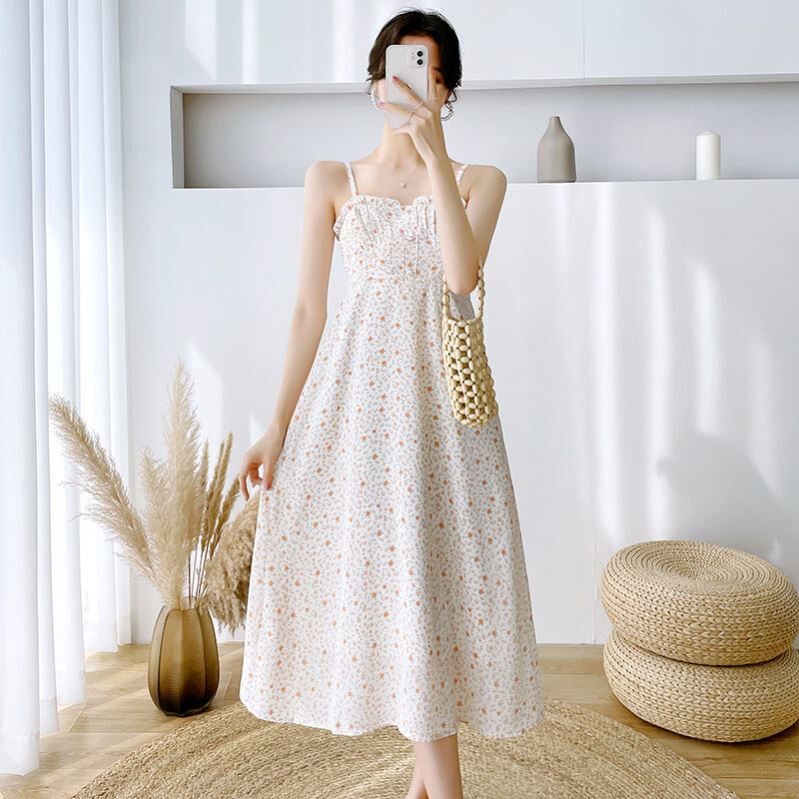 2022 new spring and autumn French style first love small man suspender dress chiffon floral dress female summer two-piece suit