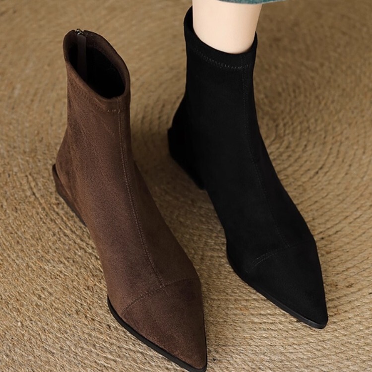 Soft Sheepskin French-Style Pointed Toe Stretch Slim Boots for Women, Low Heel, Autumn and Winter Style, Versatile Suede, Chunky Heel, Back Zipper Short Boots