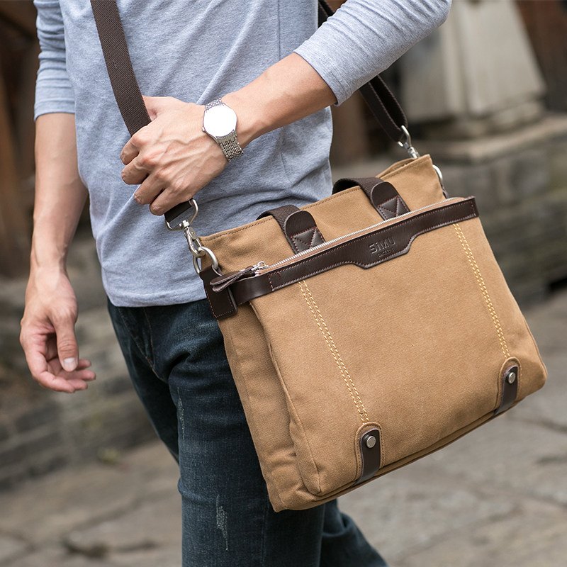 Simu men's bag canvas one-shoulder messenger hand-held messenger bag casual British retro bag Korean version of the backpack horizontal section solid color