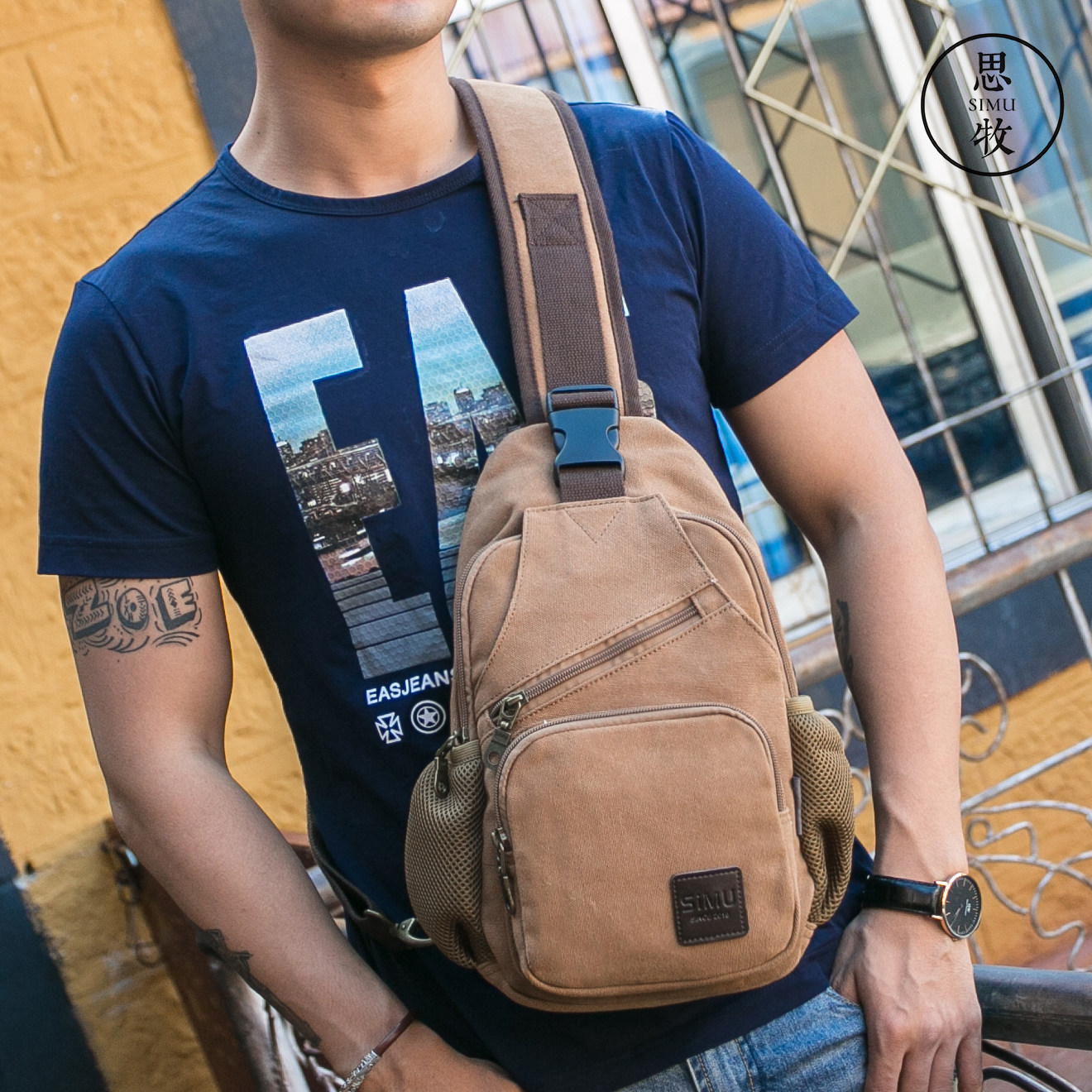 Simu chest bag men's Korean version men's bag casual small backpack single shoulder bag multi-functional sports messenger tide bag solid color