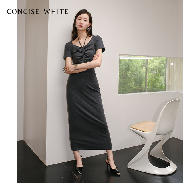 concise-white simple white halterneck suspender pleated waist short-sleeved dress female summer new designer