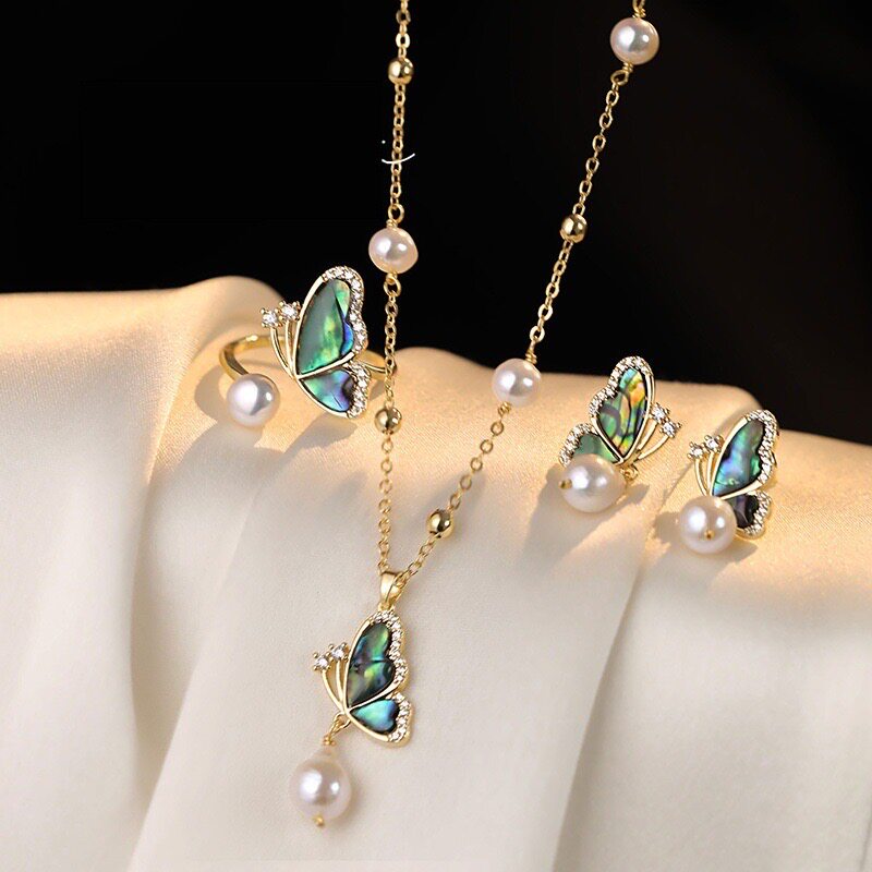 Imitation Pearl Abalone Shell Butterfly Necklace Stud Earrings Ring