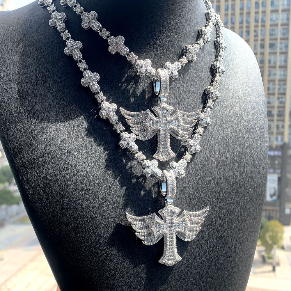 Angel Wings Cross Pendant, Unique Creative Cross-Shaped Zirconia Hip Hop Necklace, Versatile Couple Cuban Chain
