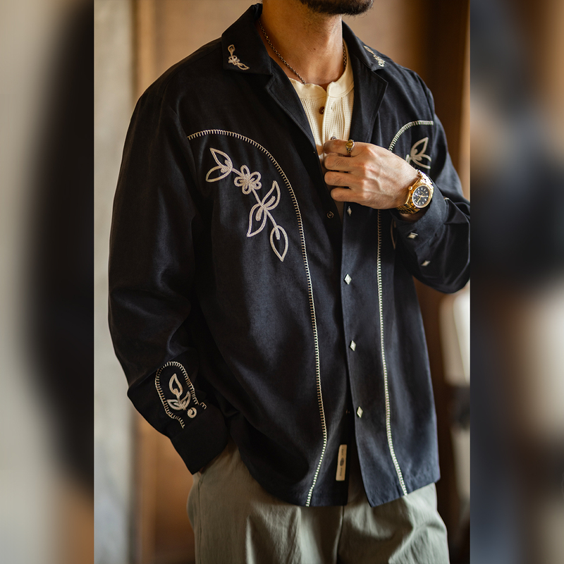Uncle Gu's Men's Long-Sleeved Shirt with Cuban Collar Embroidery, Vintage Black Peach Skin Fabric, Suitable for Autumn Uncle Gu's Men's Long-Sleeved Shirt with Cuban Collar Embroidery, Vintage Black Peach Skin Fabric, Suitable for Autumn