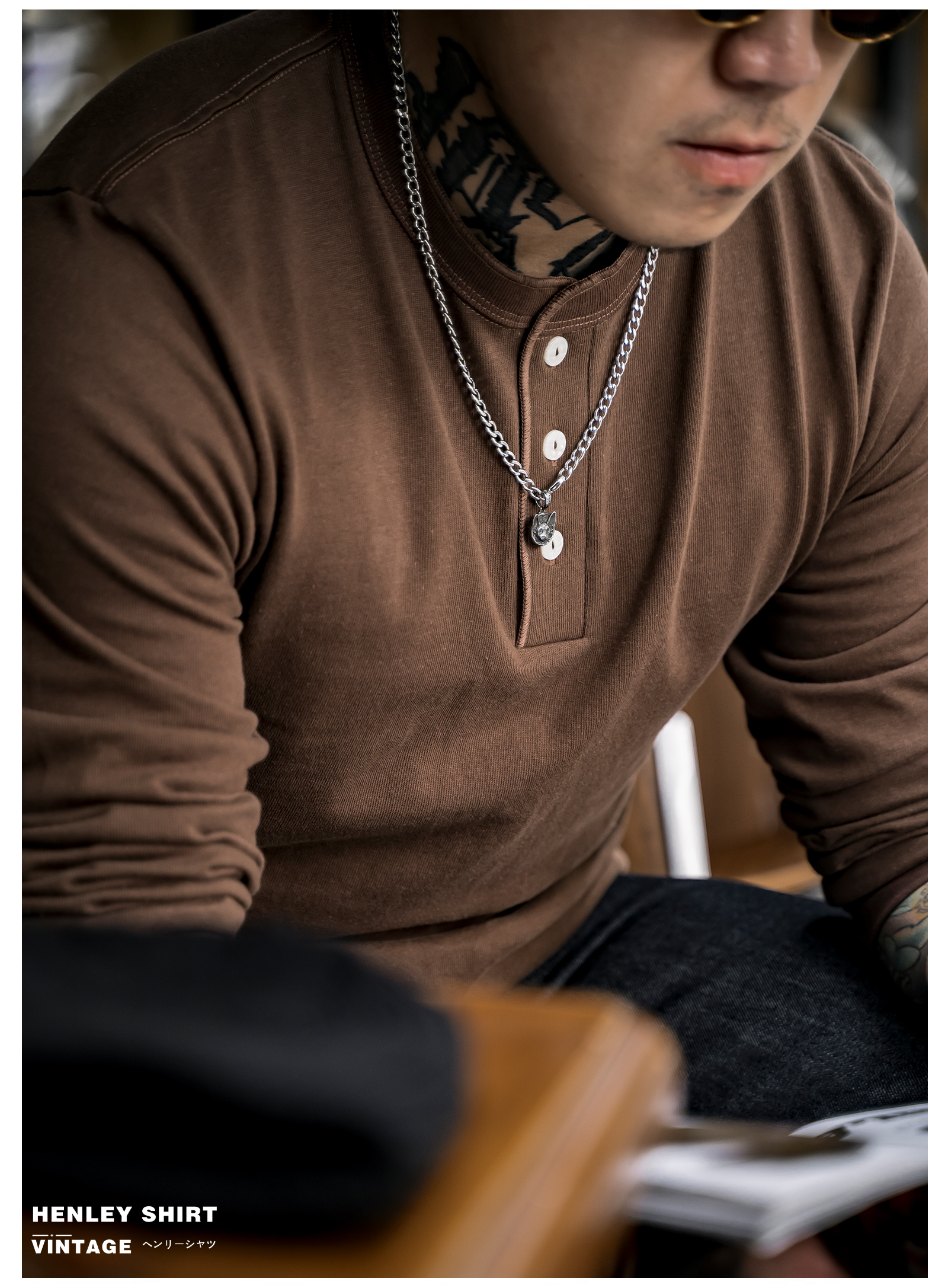 Mens Retro Henry Neck T-shirt Thickened Long-sleeved Base