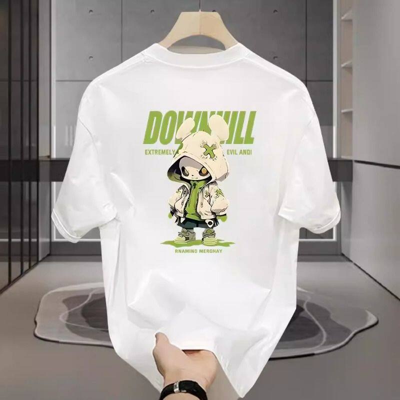 男性用プリント半袖Tシャツ、漫画スタイル、純綿、2026年夏新作、学生向け半袖