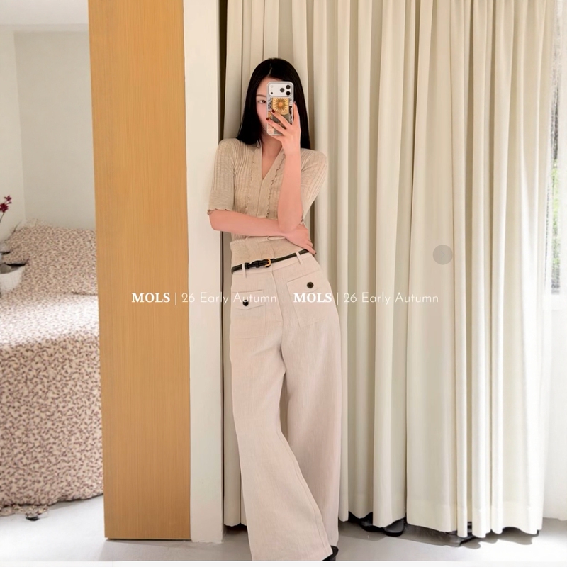 Mols Linen Wide-Leg Casual Pants for Women 2026 Summer New High-Waisted Double-Pocket Workwear Straight-Leg Long Pants with Belt