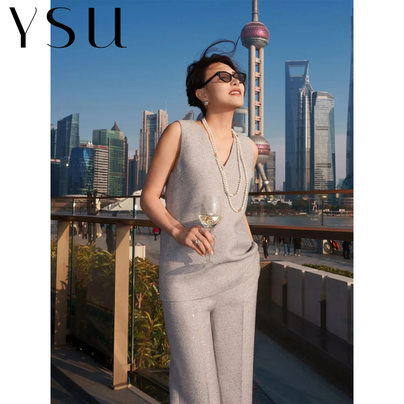 [Rest of the Books] “Broken Star” Sequin Twill Tank Top, Elegant V-Neck Sleeveless Light Luxury Fashion Top Y303550