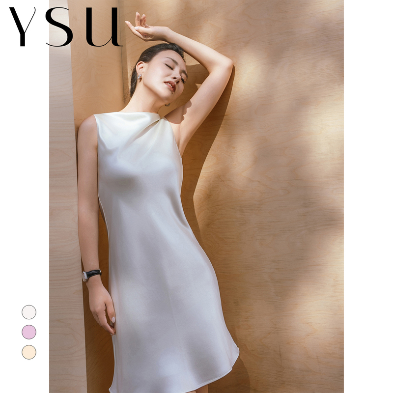 [Excess Stock] “Elegant and Timeless” Sleeveless Off-Shoulder Heavy Acetate Satin Slanted Hem Dress Y303700