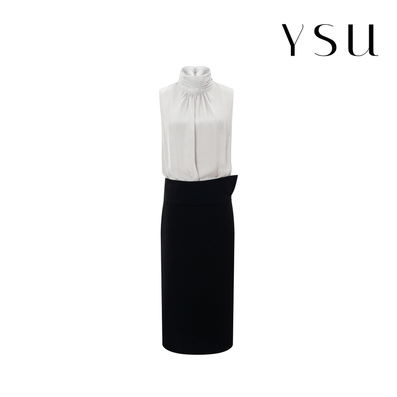 [Rest of the Books] Ysu Light Luxury Color-Blocked High-Neck Sleeveless Dress, Waist-Cinching Slim-Fit Office Dress Yx260628