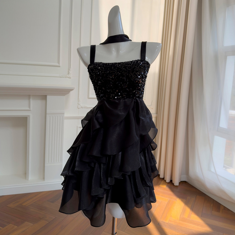 New French-Style Socialite-Style Sexy Black Strapless Evening Dress with Sequin and Mesh Patchwork, High-End Feel