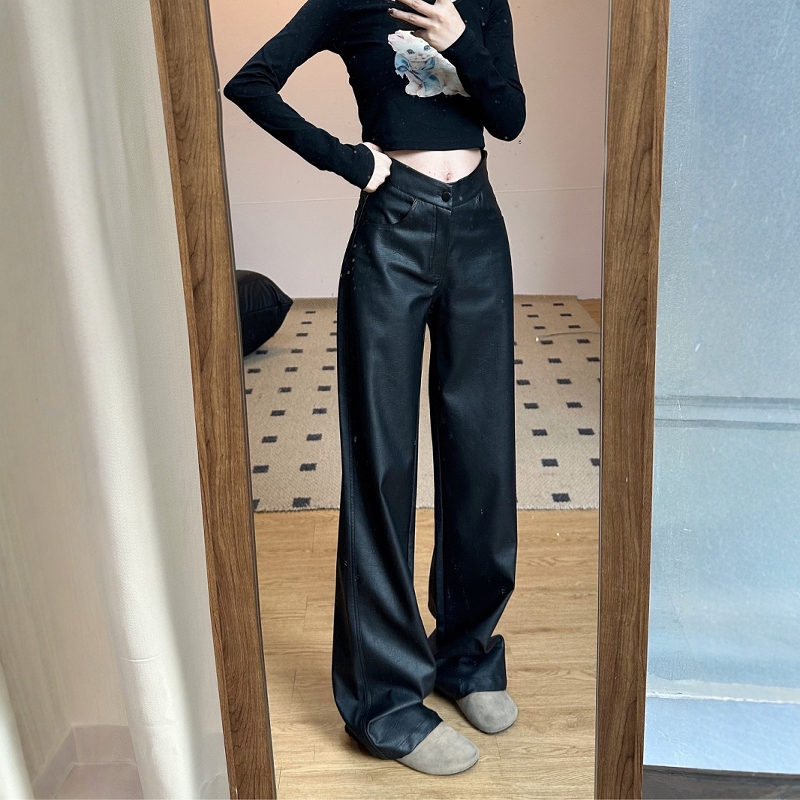 American-Style Black Casual Pu Leather Pants for Women, New Spring High-Waisted Slimming Thickened Straight-Leg Wide-Leg Floor-Length Pants American-Style Black Casual Pu Leather Pants for Women, New Spring High-Waisted Slimming Thickened Straight-Leg Wide-Leg Floor-Length Pants