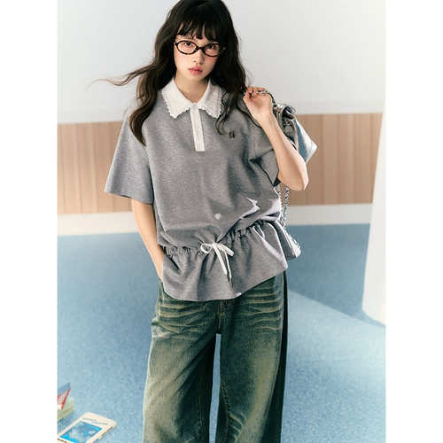 Оригинальная дизайнерская футболка polo, свободный крой, на шнурках