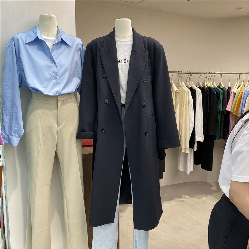 WAITMORE 2023春季设计感女士黑色休闲小西服中长款西装外套女潮