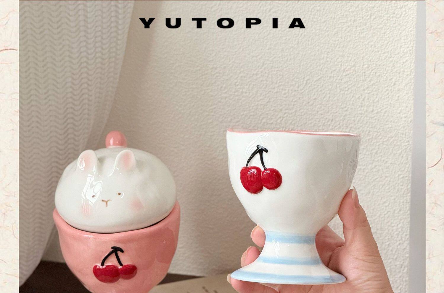 Вазы керамические momo芭菲兔带盖高脚杯咖啡杯马克杯子果汁冷饮杯