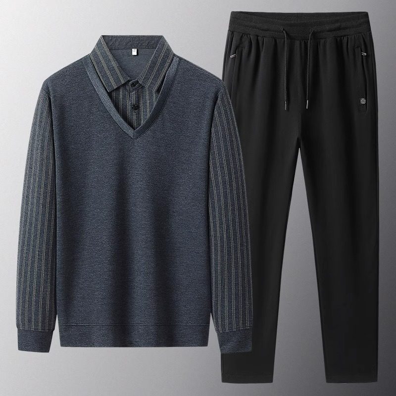 Dad's Autumn Outfit Set, Sporty and Casual, Middle-Aged and Elderly Men's Clothing, Spring and Autumn, Winter Fleece-Lined Warm Clothes for the Elderly, Grandpa's Outfit