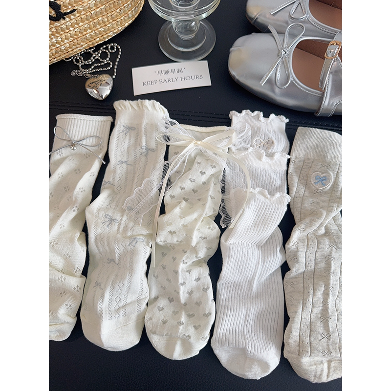 New White Lace Socks for Women, Mid-Calf Socks, Thin Summer Casual Socks with Bow, Jk Ballet Style Slouch Socks
