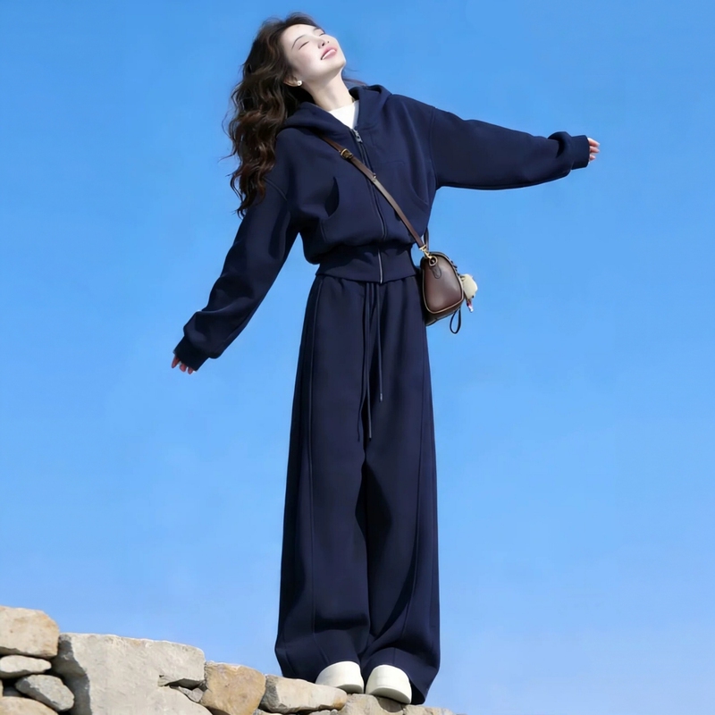 Minimalist Pure Cotton Sportswear Suit for Women, Spring and Autumn, Loose-Fitting Korean Style Fashion Sweatshirt, Casual Two-Piece Set for Running