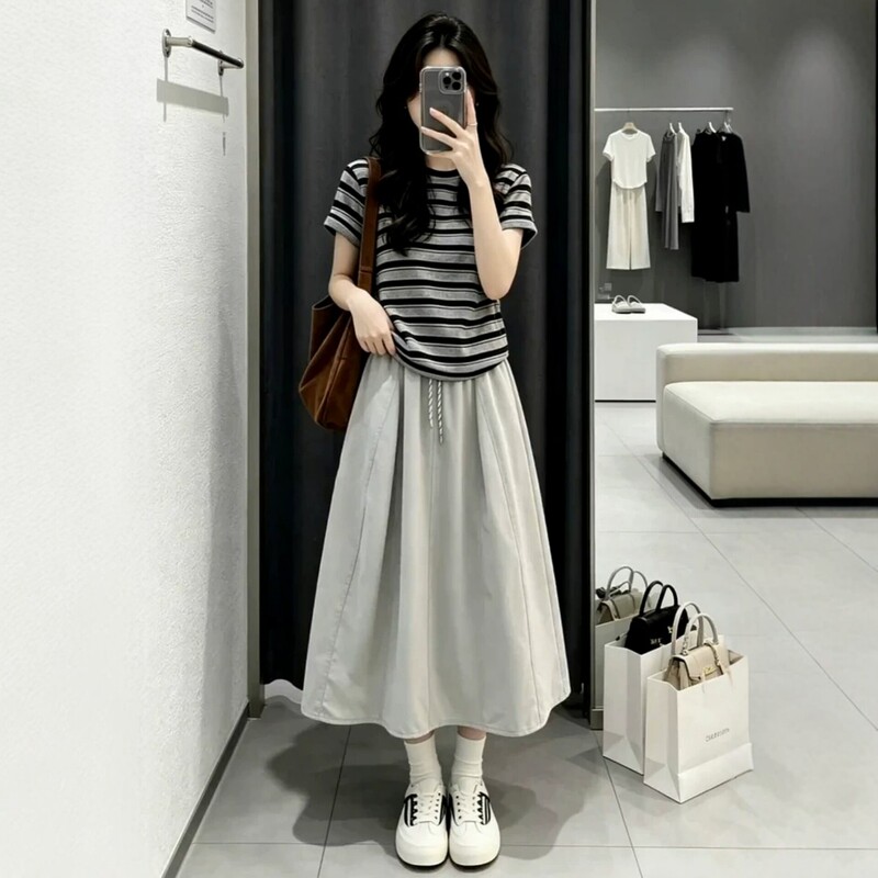 Salt-Style Sports Suit for Women, Summer Student Loose Fit, Slimming Korean Fashion Striped Short-Sleeve Top and Casual Two-Piece Skirt Set