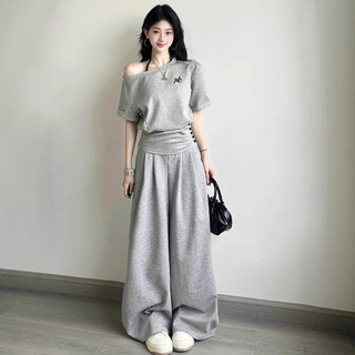 时尚休闲运动套装女夏学生韩版宽松显瘦一字斜肩短袖两件套阔腿裤