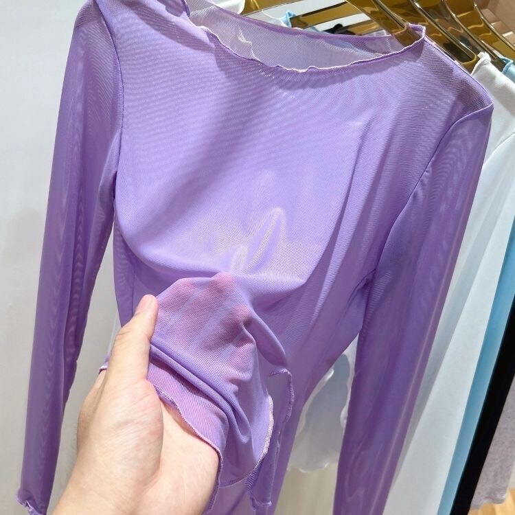 2025 New Mesh Shirt Bottoming Women's Summer Sunscreen Sleeve Long Shirt t Style Fungus Trim Sexy Tulle See-Through