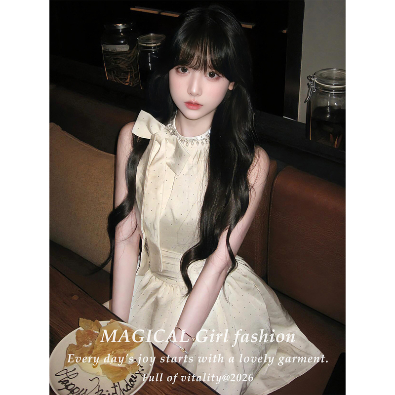 Miu Style Noble Lady Dress Halter Neck Dress for Women, Unique and Stunning Summer Dress with Waist-Cinching Design and Elegant Rhinestone Embellishments