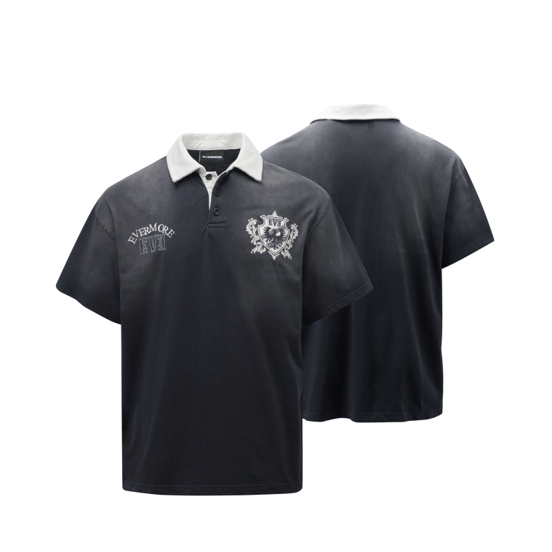 Evermore 26Sss Retro Embroidered Polo Shirt with Contrasting Collar, Asoet Dyeing, Sun-Faded Short Sleeves