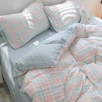 Spring Summer small frescoed day style bed with four sets of minimalist checkered sheet Quilt Cover Dormitory Single Beds 3 sets