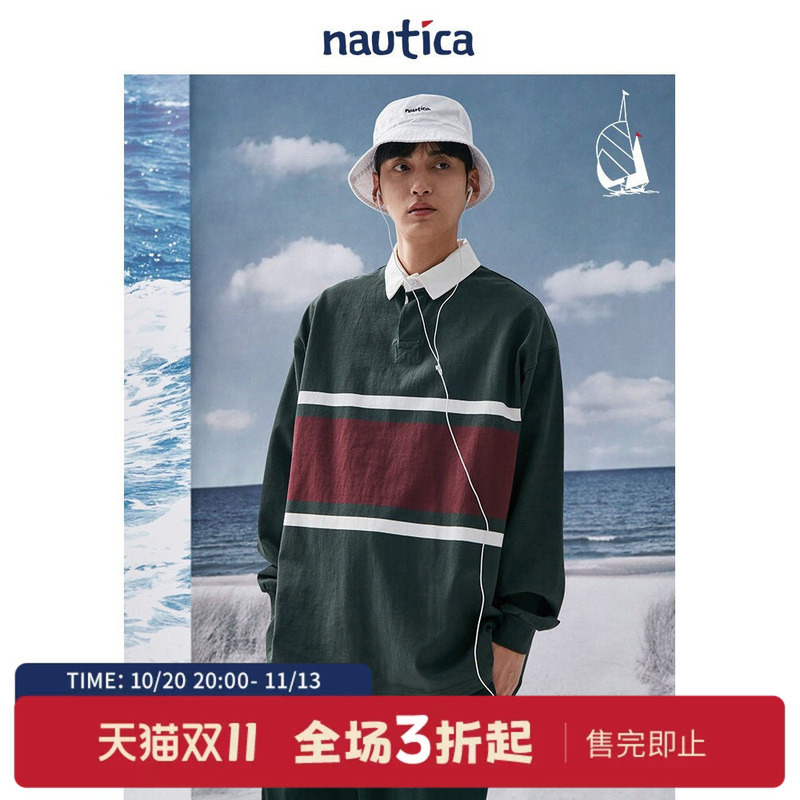 [Official] Nautica Whitesail Japanese-Style Unisex Color-Blocking Cityboy Long-Sleeve Polo Shirt
