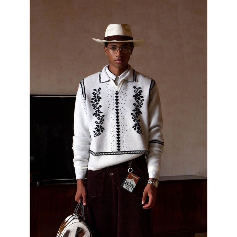 Openfly* Retro Vine Jacquard Knitted Lapel Sweater Wool Blend Pullover Warm Top Openfly* Retro Vine Jacquard Knitted Lapel Sweater Wool Blend Pullover Warm Top
