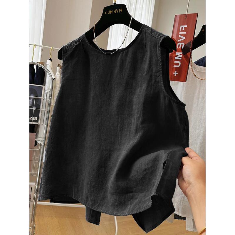 Korean Linen Sleeveless Top Vest for Women's Outer Wear Summer Simple Versatile Casual Irregular Slit Cotton and Linen Shirt for Women Korean Linen Sleeveless Top Vest for Women's Outer Wear Summer Simple Versatile Casual Irregular Slit Cotton and Linen Shirt for Women