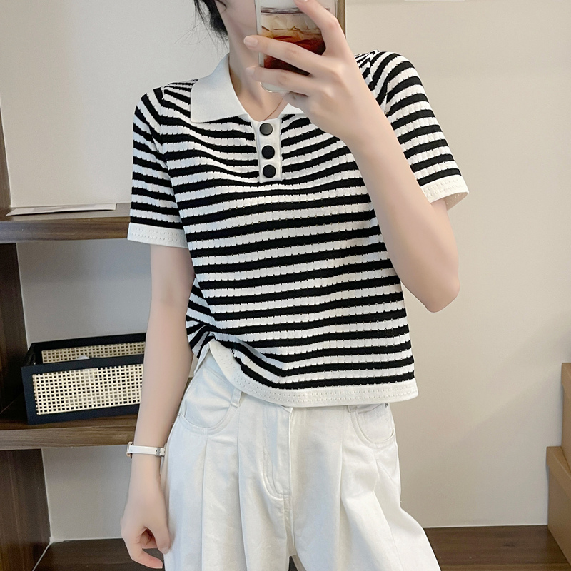Knitted T-Shirt for Women, Short-Sleeved, Black and White Striped, Polo Collar, Button Design, Short Style, Preppy Style Top, Summer 2026