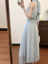 Anlan Xianxian label same style ins Korean style 2024 summer halter dress pleated elegant long skirt for women