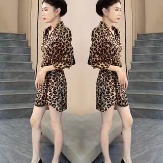 Sexy lace-up slim shirt collar leopard print dress