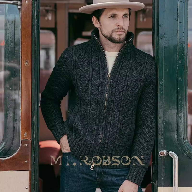 Mt.Robson Wool Green Collar Cardigan Heavy Sweater Jacket American Retro Aran Jacket Knitwear Mt.Robson Wool Green Collar Cardigan Heavy Sweater Jacket American Retro Aran Jacket Knitwear