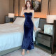 Autumn new French nightclub women's tube top long dress evening dress high-quality off-the-shoulder host toast dress dress