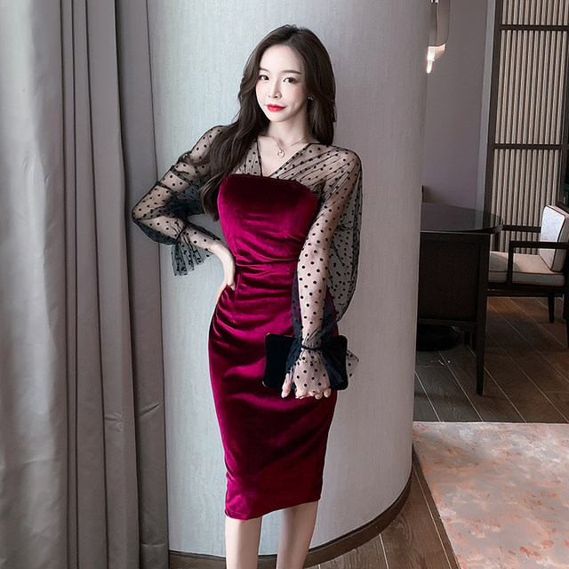 Autumn new high-end velvet Hepburn style temperament ladies mesh sleeves stitching mid-length French dress women