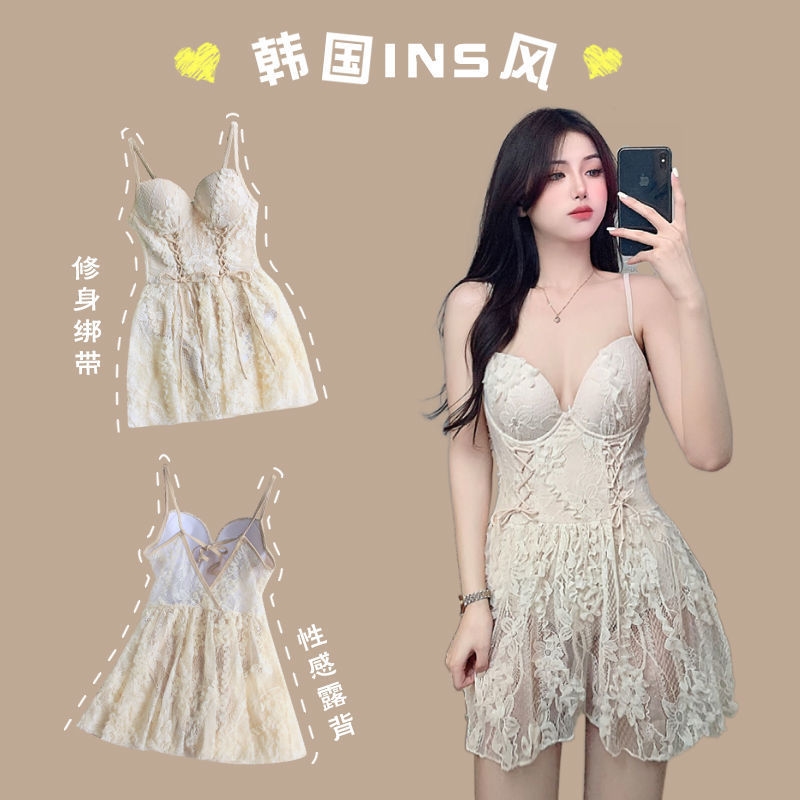 Internet celebrity style swimsuit fairy white small chest steel support gathered sexy skirt lace cover belly slimming resort hot spring swimsuit