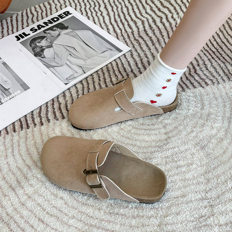 Japanese Birken shoes retro soft-soled Baotou half-drag thick-soled one-pedal flat-bottomed women's sandals cowhide cork shoes half-drag