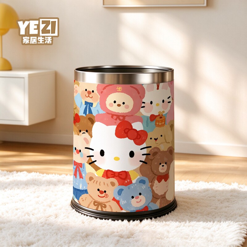 Cartoon Bear Kt Cat Living Room Household Bedroom Leather Kitchen Trash Can Large Capacity Bathroom Wastebasket