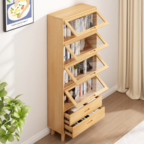 Solid wood bookcase flip-up door bookshelf storage rack household living room dustproof glass door multi-layer floor-standing childrens storage cabinet