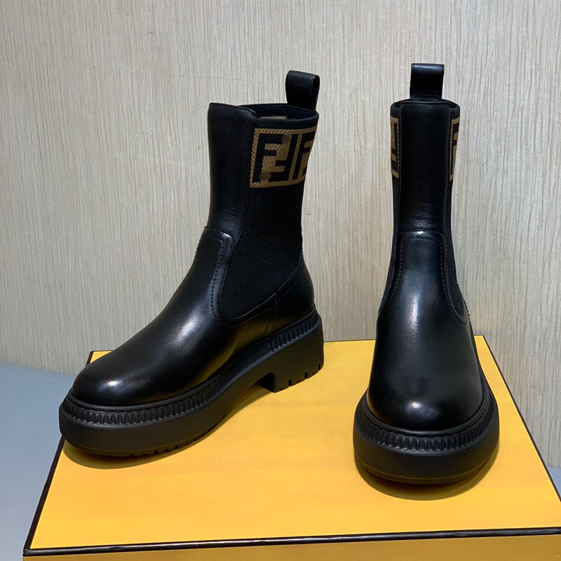 Mid-Calf Boots! Autumn and Winter Cowhide Round-Toe Thick-Soled Height-Increasing Elastic Slimming Mid-Calf Double-F Monogram Motorcycle Martin Boots for Women Mid-Calf Boots! Autumn and Winter Cowhide Round-Toe Thick-Soled Height-Increasing Elastic Slimming Mid-Calf Double-F Monogram Motorcycle Martin Boots for Women