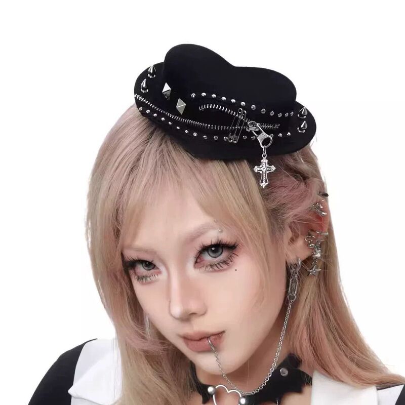 Yabi Hat "Gear Heart" Handmade Dark Lace Rivet Heart Punk Hat Hairpin ins Western Style