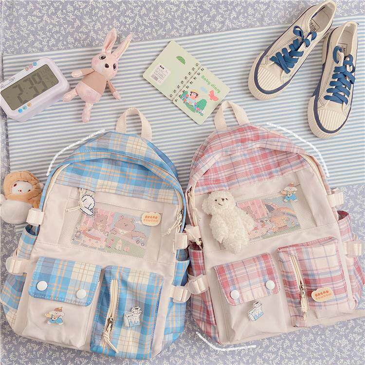 Spring tours Shoulder Bag Elementary School Children's School Bags Ins Wind Large Capacity High Face Value Han Edition Cute Fresh Jk Plaid Double Shoulder Bag