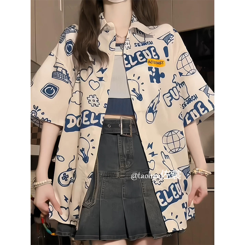 American College Style All-Over Cartoon Print Short-Sleeved Shirt for Women, Summer 2026 New Loose Fit Petite Thin Shirt Jacket