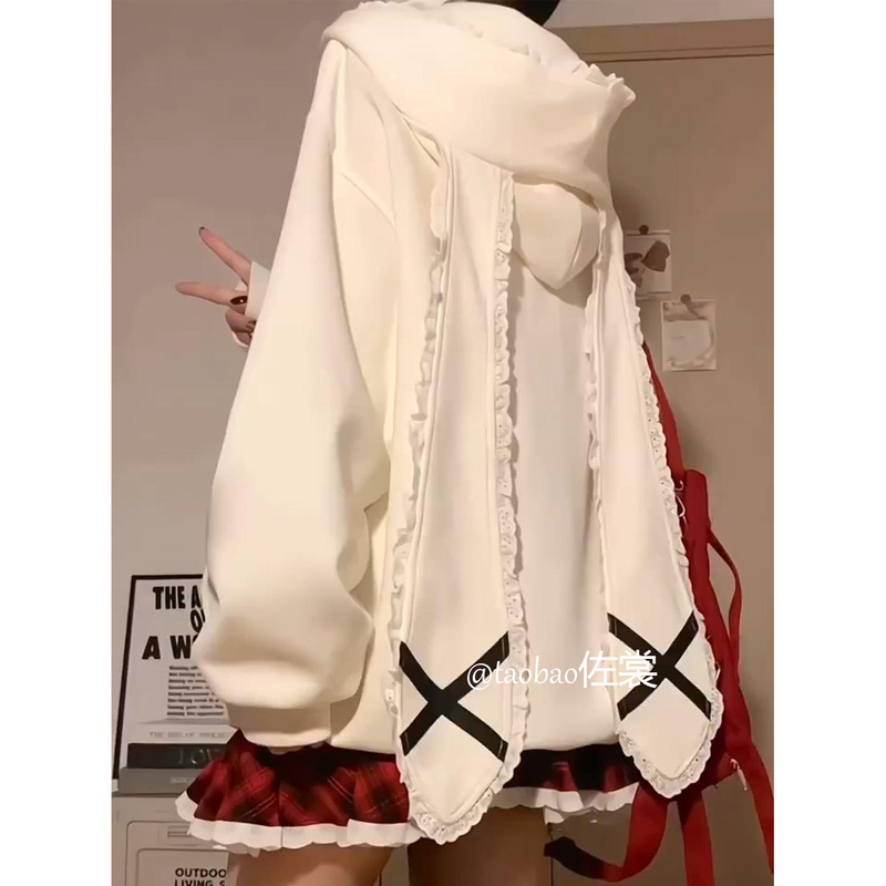 American-Style Lace Bunny Ear Hooded Sweatshirt for Women, Spring and Autumn 2025 New Popular Style, College Style Loose Zipper Jacket