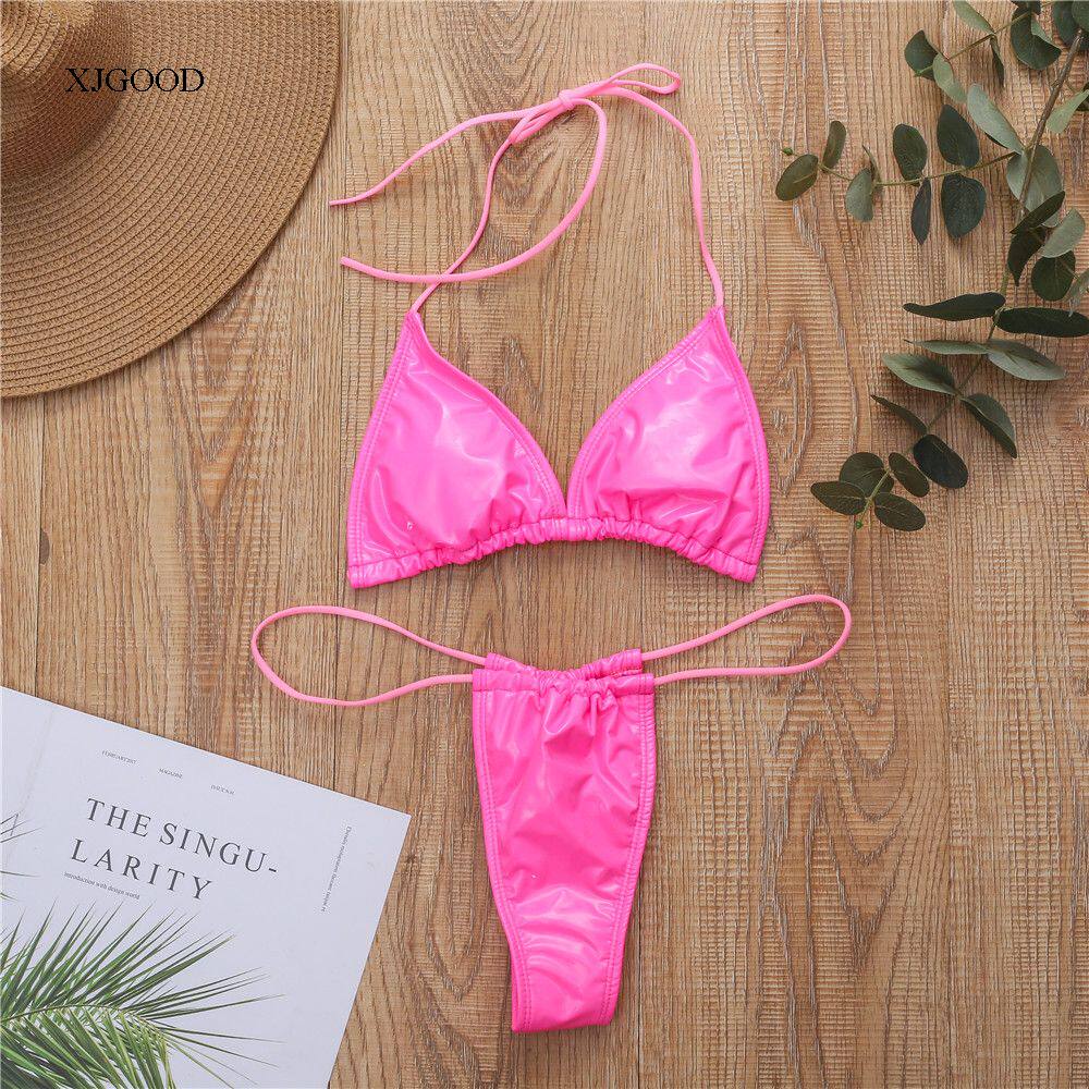 Кожзаменитель сексуальный бандаж стринги бикини Shiny Leather Split Sexy Sling Bikini для девушки 
